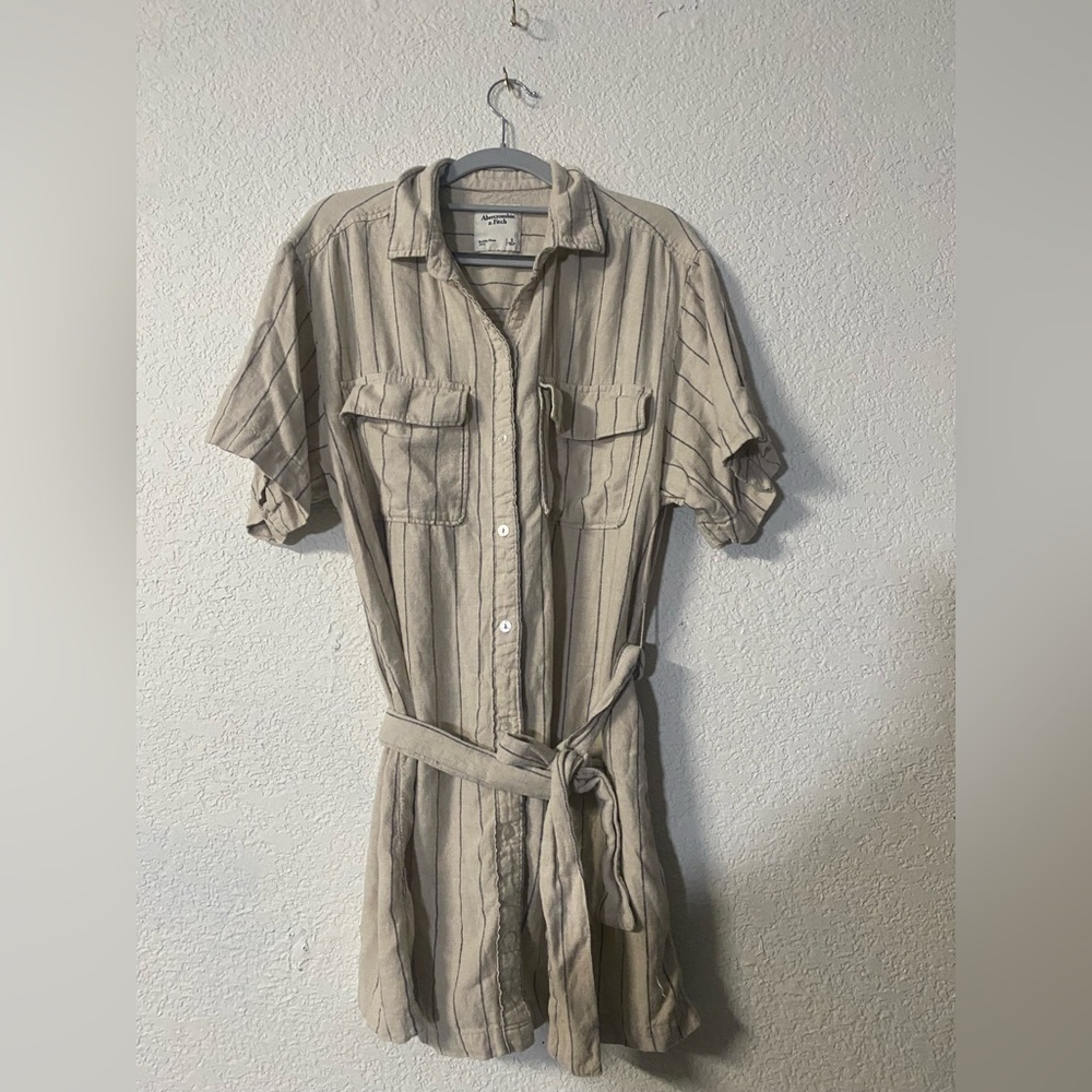 Abercrombie & Fitch Tan Striped Mini Shirt Boho style dress with front tie